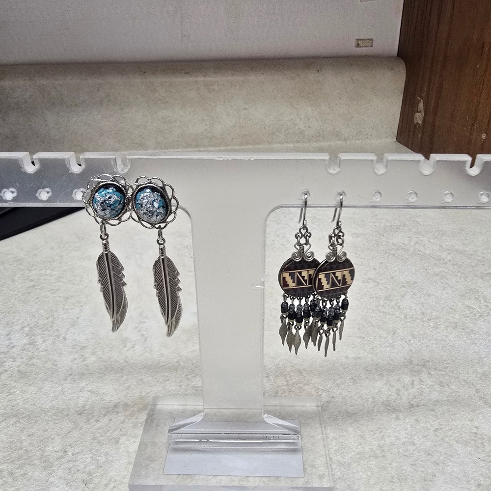 Southwestern Dangle Earring Set Blue Foil Feather Tribal Geometric Fringe 2 Pair